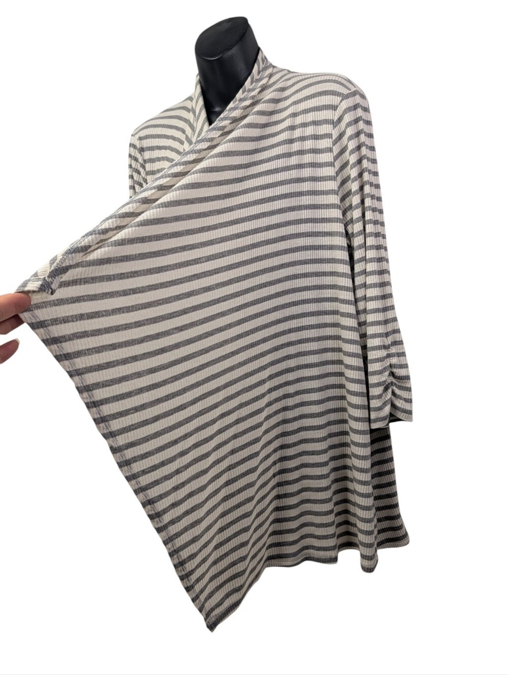 Maurices Plus Size 1 Gray White Stripe Lace Up Back Open Front Cardigan Duster - Picture 5 of 8